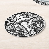 白黒の花とキノコヴィンテージ ラウンドペーパーコースター (アングル)