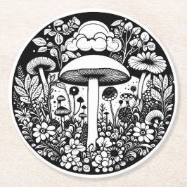 白黒の花とキノコヴィンテージ ラウンドペーパーコースター