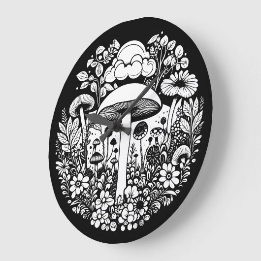 白黒の花とキノコヴィンテージ ラージ壁時計 (傾斜)