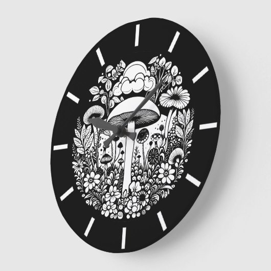 白黒の花とキノコヴィンテージ ラージ壁時計 (傾斜)