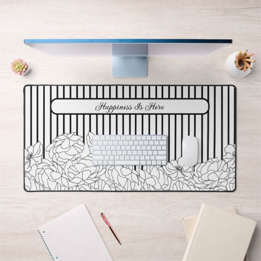 白黒の花とストライプ文字 デスクマット (オフィス1)