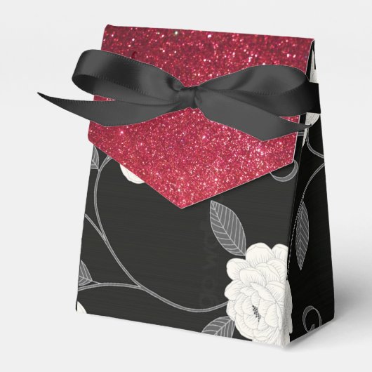 白黒の花と赤いグリッター フェイバーボックス (正面サイド)