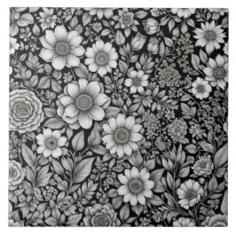 白黒の花と離れ花 タイル
