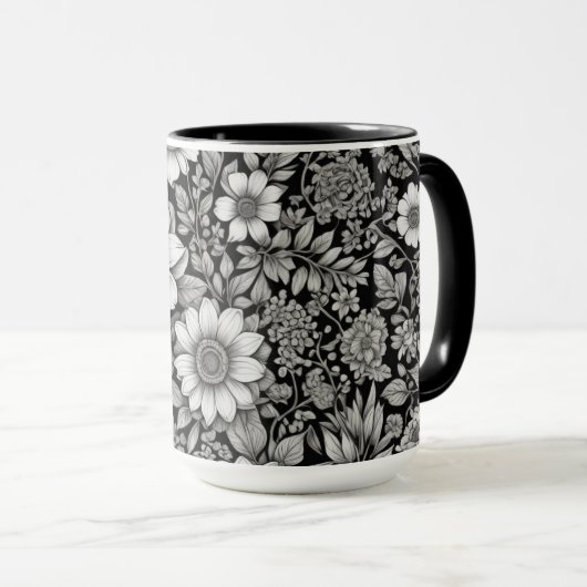 白黒の花と離れ花 マグカップ (正面右)