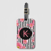 白黒の花にピンクのガーベラのストライプ花 ラゲッジタグ (正面縦)