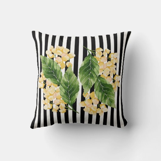 白黒の花に黄色の花を付けストライプる クッション (裏面)