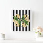 白黒の花に黄色の花を付けストライプる スクエア壁時計 (ホーム)