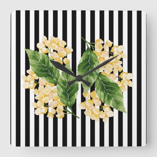白黒の花に黄色の花を付けストライプる スクエア壁時計 (正面)