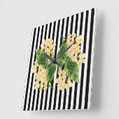 白黒の花に黄色の花を付けストライプる スクエア壁時計 (傾斜)