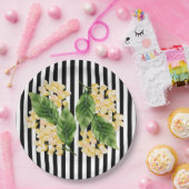 白黒の花に黄色の花を付けストライプる ペーパープレート (パーティー)