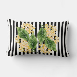 白黒の花に黄色の花を付けストライプる ランバークッション