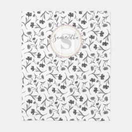 白黒の花のパターン – 名前とモノグラム フリースブランケット