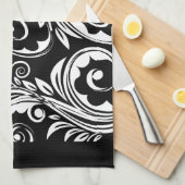 白黒の花のペイズリーパターン キッチンタオル (四つ折り)