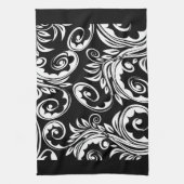 白黒の花のペイズリーパターン キッチンタオル (縦)