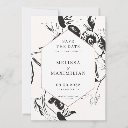 白黒の花の幾何学的な枠結婚の数 セーブザデート (正面)