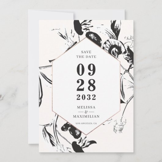 白黒の花の幾何学的な枠結婚の数 セーブザデート (正面)