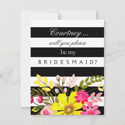 白黒の花の花付ストライプの付きメイド要求 招待状 (正面)