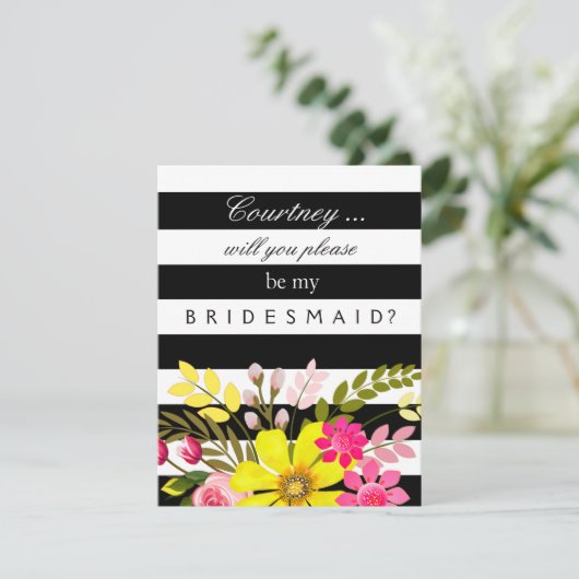 白黒の花の花付ストライプの付きメイド要求 招待状 (スタンド正面)