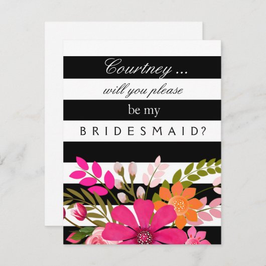 白黒の花の花付ストライプの付きメイド要求 招待状 (正面/裏面)