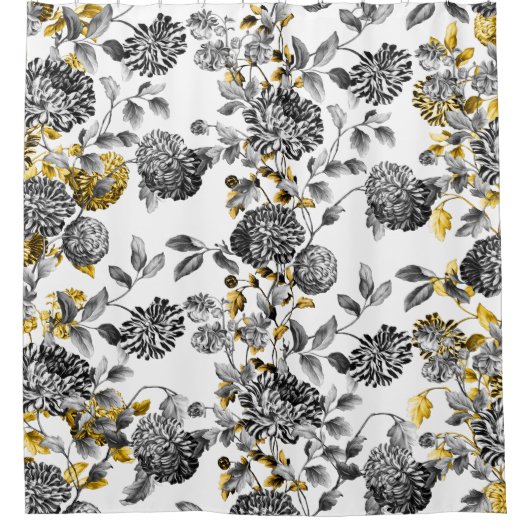 白黒の花のToileの金ゴールドの花柄のトリム シャワーカーテン (正面)