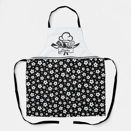 白黒の花エプロンパーソナライズされた付き エプロン (正面)