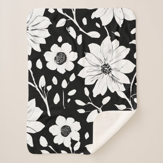 白黒の花シンプル継ぎ目模様 シェルパブランケット (正面)