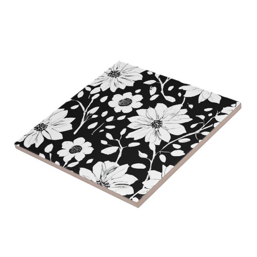 白黒の花シンプル継ぎ目模様 タイル (側面)