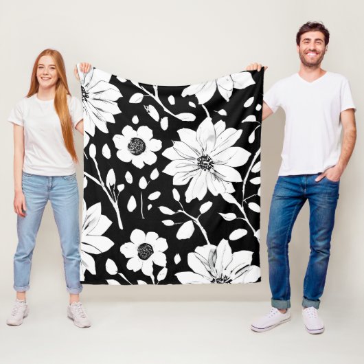 白黒の花シンプル継ぎ目模様 フリースブランケット (インサイチュ)