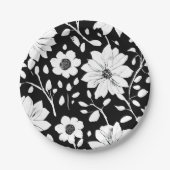 白黒の花シンプル継ぎ目模様 ペーパープレート (正面)