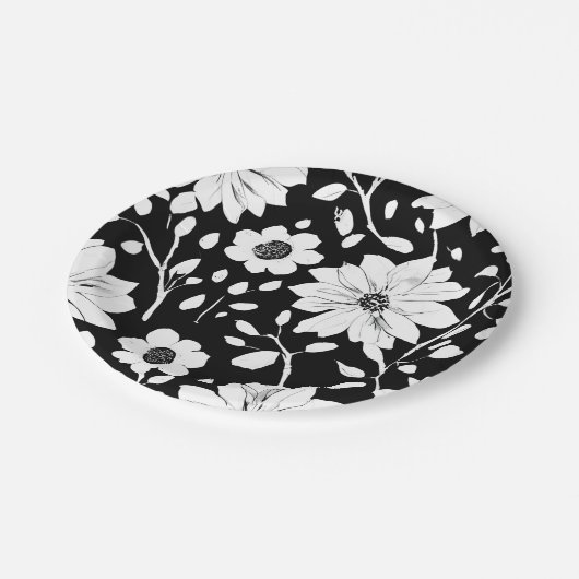白黒の花シンプル継ぎ目模様 ペーパープレート (アングル)