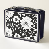白黒の花シンプル継ぎ目模様 メタルランチボックス (裏面)