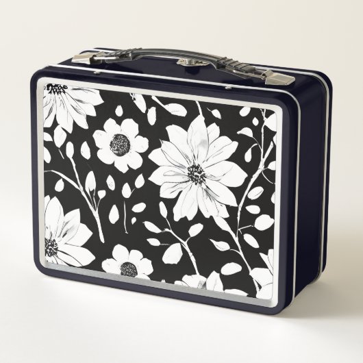白黒の花シンプル継ぎ目模様 メタルランチボックス (裏面)
