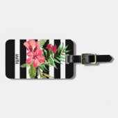 白黒の花ストライプとピンクの花 ラゲッジタグ (正面横)