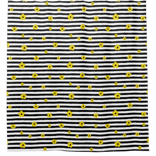 白黒の花ストライプと小さな黄色の花 シャワーカーテン (正面)
