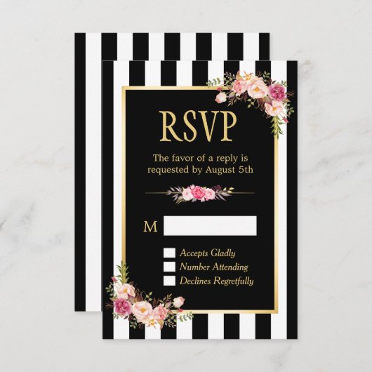 白黒の花ストライプの金ゴールド枠RSVP 出欠カード (正面/裏面)