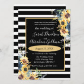 白黒の花ストライプひまわり結婚の 招待状 (正面/裏面)