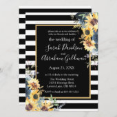 白黒の花ストライプひまわり結婚の 招待状 (正面/裏面)