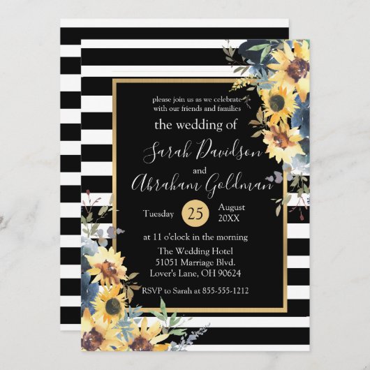 白黒の花ストライプひまわり結婚の 招待状 (正面/裏面)