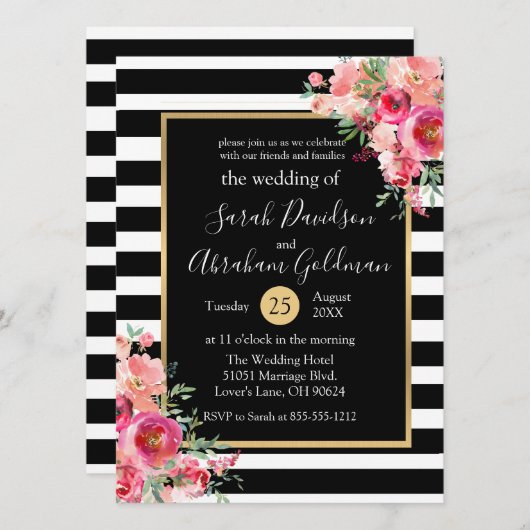 白黒の花ストライプバラ結婚ズ 招待状 (正面/裏面)