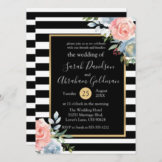 白黒の花ストライプバラ結婚ズ 招待状 (正面/裏面)
