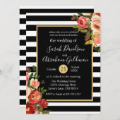 白黒の花ストライプバラ結婚ズ 招待状 (正面/裏面)