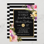 白黒の花ストライプバラ結婚ズ 招待状 (正面/裏面)