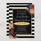 白黒の花ストライプ紅海軍結婚の 招待状 (正面/裏面)