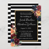 白黒の花ストライプ紅海軍結婚の 招待状 (正面/裏面)