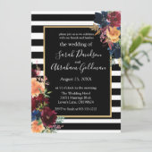 白黒の花ストライプ紅海軍結婚の 招待状 (スタンド正面)