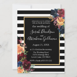 白黒の花ストライプ紅海軍結婚の 招待状