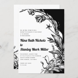 白黒の花タイポグラフィ結婚フローラ 招待状