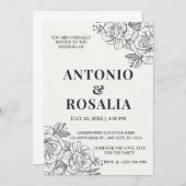 白黒の花ヴィンテージ結婚イラストレーション 招待状 (正面/裏面)