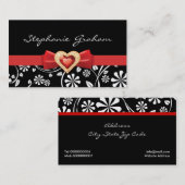 白黒の花柄に赤い弓と宝石 名刺 (正面/裏面)