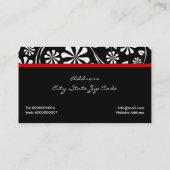 白黒の花柄に赤い弓と宝石 名刺 (裏面)